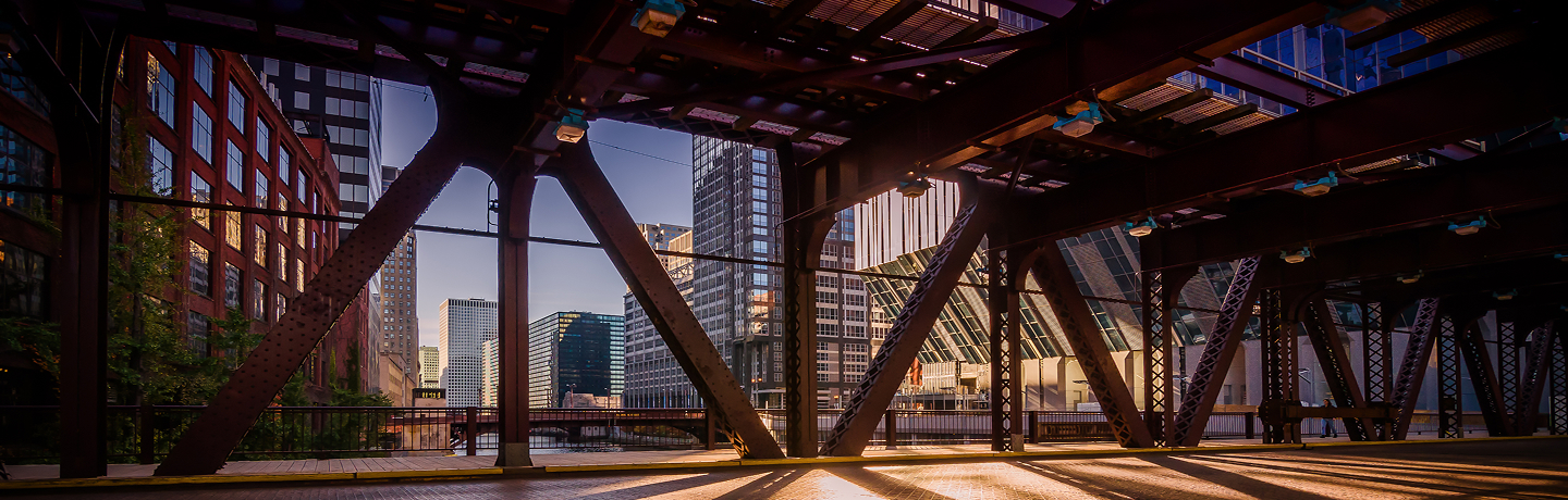 City skyline from bridge perspective